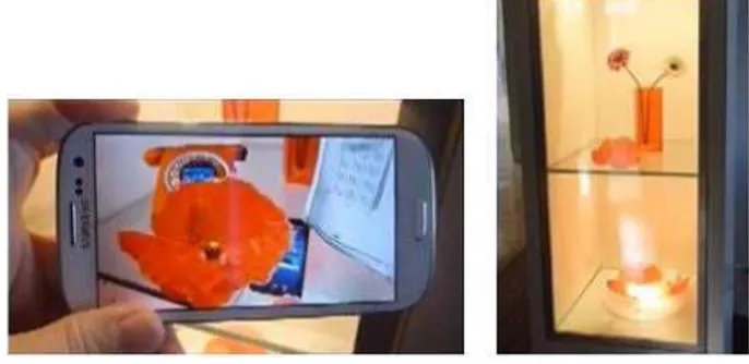 Figure 1: Augmentation  of  a  store  front.  On  the  left  the  live  representation  of  the  augmentations  (tablet,  orange  phone,  white  phone)