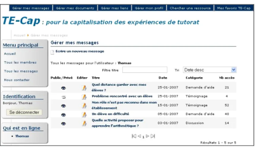 figure 3). Cet outil fonctionne comme un forum au niveau du mode de  communication mais est classé de façon plus structurée selon des thèmes associés  aux pratiques de la communauté et ces thèmes évoluent selon la communauté