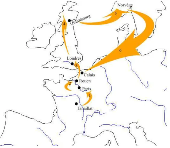 Figure 1 : voyage du Page en Europe du Nord (carte faite par l’auteur) 