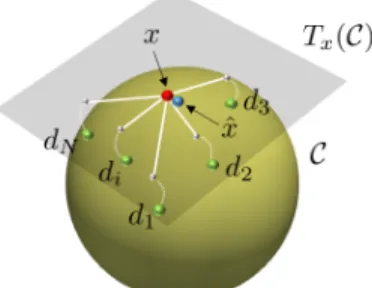 Figure 1. Pictorial of the sparse coding approach on the pre-shape space C. The approximation of x ∈ C could be viewed as a weighted Karcher mean of the atoms of a dictionary D = {d i } N i=1 .