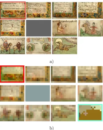 Fig. 14. The query image is framed in red (top left) in figure a) and is followed (left from right and top to bottom) by its meaningful matches in decreasing order, up to the grey  im-age which corresponds to the matching threshold