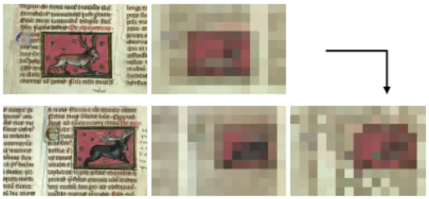 Fig. 1. A coarsely sampled thumbnail. Left: source image (3200 × 2200 pixels). Right: the thumbnail (10 × 15 pixels).