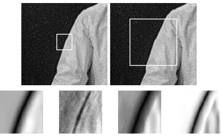 Fig. 3.3. Similarity map for an edge patch. Top: two consecutive images of a movie. Top left: patch I delimited by the white frame