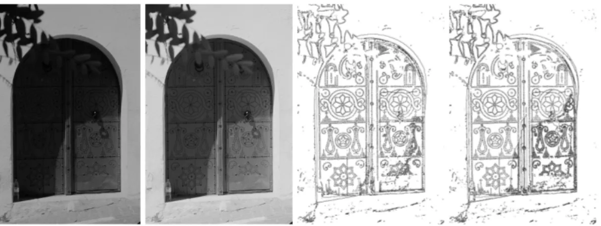 Fig. 2.1. On the left, two images containing the same geometric content. Each image can be obtained by applying a well chosen contrast change to the other