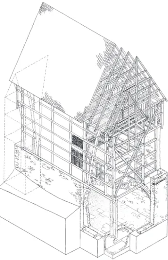 Fig. 2  – Limburg-an-der-Lahn, Maison Römer 2-4-6,  restitution de la structure dans l’état de 1289d d’après  Altwasser, Ebel, Klein, Lippert 1992, 234.
