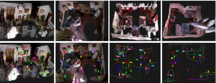 Figure 8: Di ff erent scenarios where place recognition has been tested. These pictures show the point clouds of some of the maps created previously, showing their PbMap right below of each scenario.