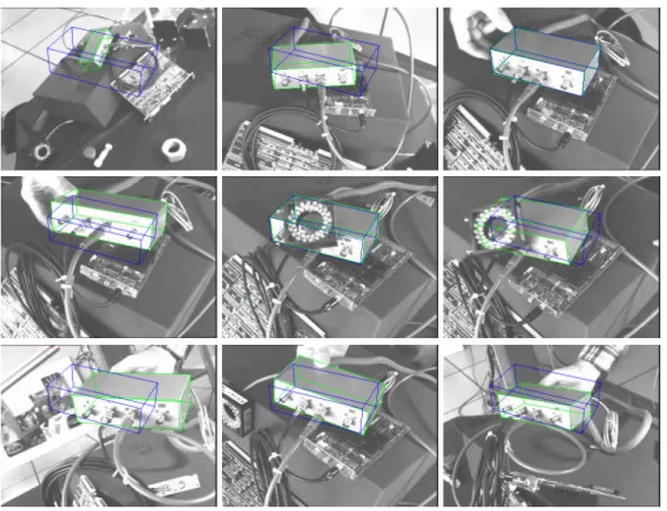 Figure 7. 2D 1/2 visual servoing experiment: in the images the tracked object appears in green and its desired position in blue