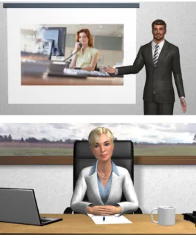 Fig. 7. Our two different game settings: (top) flipchart/presentation scene with our male character and (bottom) our office desk environment with female recruiter.