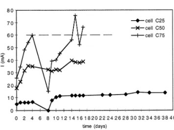 Fig. 4. Evolution with time of the current intensity produced during the treatment measured in the cells.