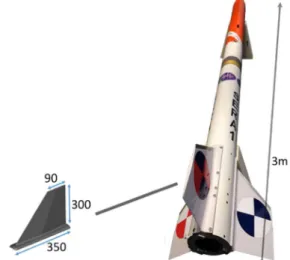 Figure 1 - Global view of the SERA launcher and  details of the aileron shape and dimensions [mm] 