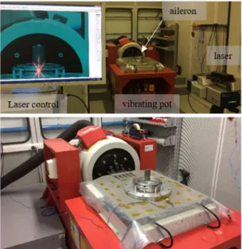 Figure 5: close view of the vibrating pot (bottom) and  details of the laser scanner used for the modal analysis 
