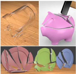 Fig. 1. Examples of brittle fracture simulations with our approach: (Left) a water glass breaks (with partial fractures) at the second bounce, (Right) a piggy bank smashed by a hammer, (Bottom) three plates dropped with different material properties.