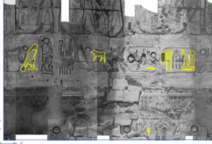 Figure 8 : Mosaïque des orthophotos de la « colonne test » et  dessin de quelques hiéroglyphes