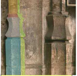 Fig. 13. Rouen, cathédrale, avant- avant-portail, support central, détail :  colonnette (avec mise en évidence  par coloration des composantes de  la base) 