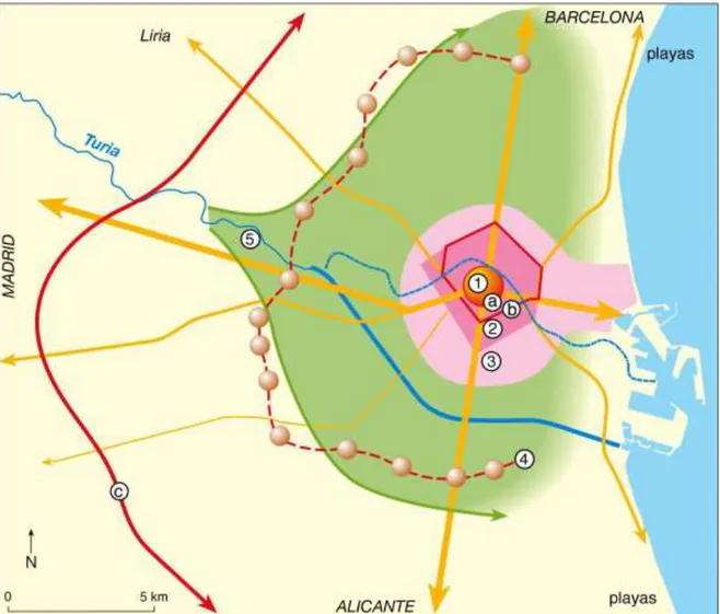 Fig. 2 : Le schéma radioconcentrique de l’aire métropolitaine de Valence (Courtot-Pentsch) :  -1 : centre historique, -2 : ensanche, -3 : périphérie dense, -4 : noyaux suburbains, -5 : éventail de la 