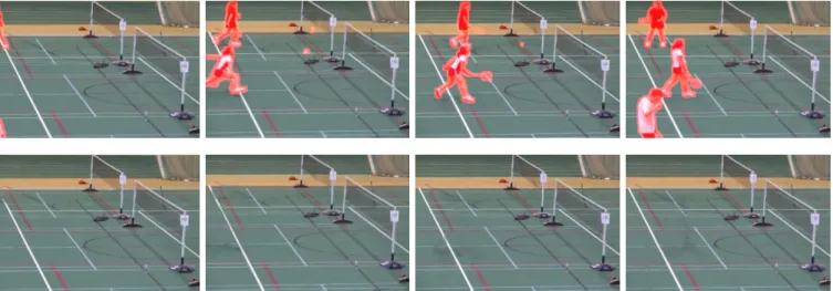 Fig. 11: Inpainting results (frames 11, 50, 68, 168) of the badminton video sequence (with camera jitter motion)
