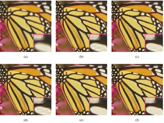 Fig. 8. Comparative results with zoomed-in areas for Butterfly magnified by a factor of 3