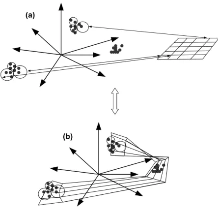 Figure   3.7  –   (a)  Chaque   neurone  est   associé   à  un   champ  récepteur   (représenté   par   un   cercle)   dans   l'Espace   multi-dimensionnel