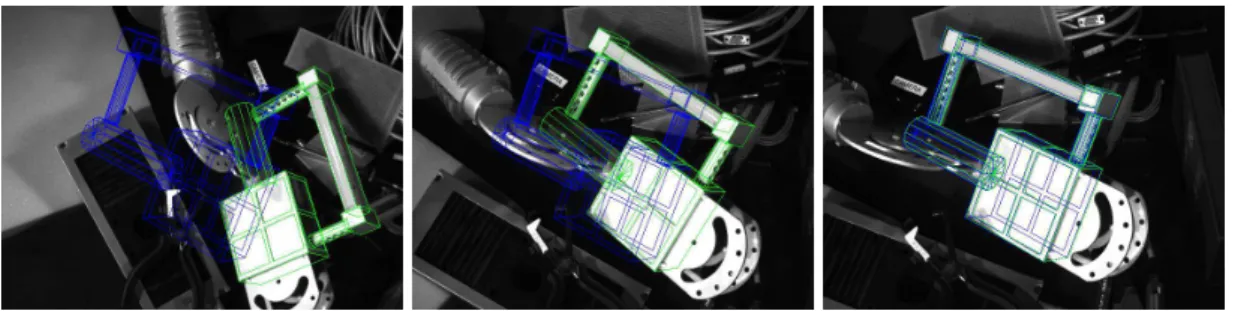 Figure 4: First configuration: monocular system. Snapshots extracted from experimental results (green: forward projected CAD model after pose calculation, blue: user defined desired position)