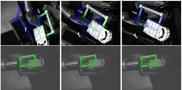 Figure 6: Third configuration: wide base-line stereoscopic system. Snapshots extracted from experimental results (green: forward projected CAD model after pose calculation, blue: user defined desired position)