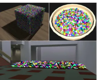Figure 4: Benchmarks: We used several benchmark models to measure collision detection time: 10K balls of 2K polygons each falling in simple environment of 600 polygons (= 1.1M polygons), 20K cubes of 12 polygons each fallen on complex environment of 300K (