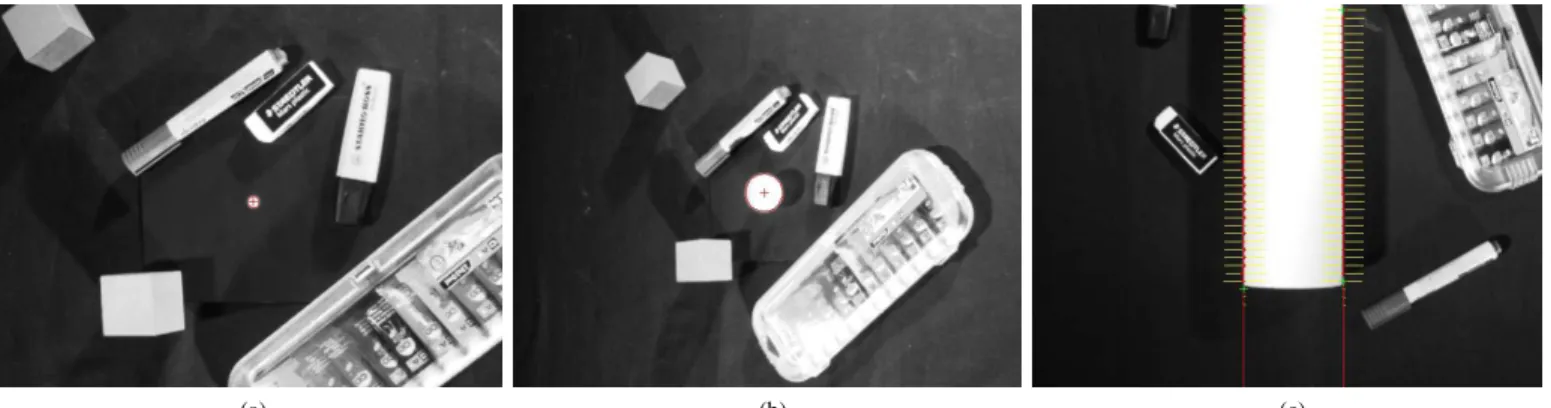 Fig. 4: Camera snapshots for the point feature (a), the sphere (b) and the cylinder (c) experiment.