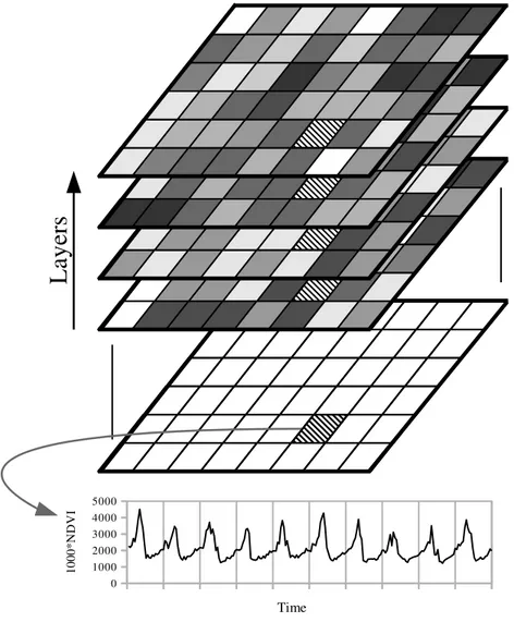 Fig. 1. Time series of satellite images (SITS). Above, vision in the form of layers of image ; Below, transverse view of a pixel in the form of a temporal series (10 years of 23 dates).