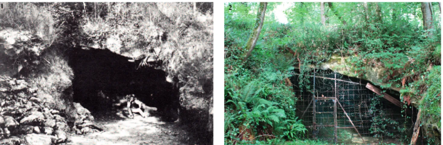 Fig. 2 : Entrée de la grotte du Pape à Brassempouy.  A gauche : Photographie datée des environs de 1897 qui devait être incluse dans