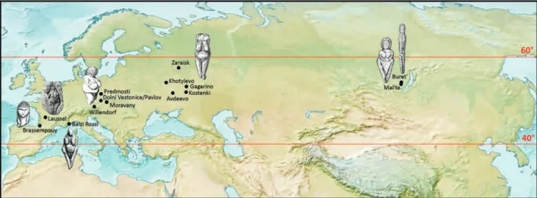 Fig. 3 : Carte de répartition des principaux sites à vénus du Paléolithique supérieur moyen.