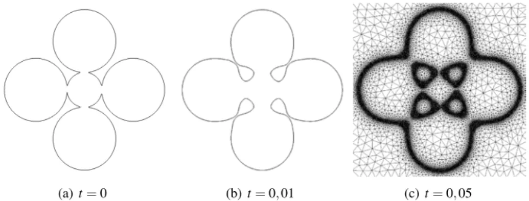 Figure 4 – Diffusion surfacique entre 4 grains de rayons 0,18 et 1 grain de rayon 0,1 : isovaleur {φ h = 0}.
