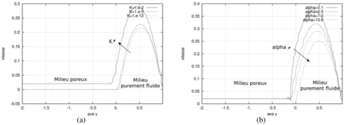 Figure 2 – (a) Amplitude de la vitesse dans le milieu purement fluide et dans le milieu poreux pour différentes valeurs de la perméabilité K avec η = 1 Pa.s et α = 1