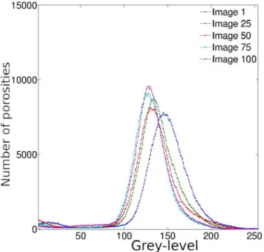 Figure 3: Grey-level histogram for five different images in the (xy) plane of the same specimen inside  the composite part C