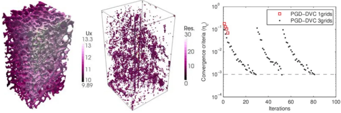Fig. 5 – Exemple de mesure de déplacement par PGD-CVN à partir d’images IRM d’un os trabécu- trabécu-laire : composante selon x du champ de déplacement (gauche) et carte seuillée des résidus de correlation (milieu) et convergence de l’algorithme multigrill