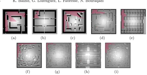 Fig. 3. Snapshots of the experiment terrain taken from MORSE simulator: (a) maze 10 × 10 m, (b) office 10 × 10 m, (c) unstructured 10 × 10 m, (d) maze 40 × 40 m, (e) office 40 × 40 m, (f) unstructured 40 × 40 m, (g) maze 80 × 80 m, (h) office 80 × 80 m and