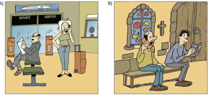 Figure  10 :  Exemples  de  situations  sociales  où  le  comportement  des  personnages  est  adapté (A) ou inadapté (B) durant la tâche de règles sociales (Duclos et al., 2017)