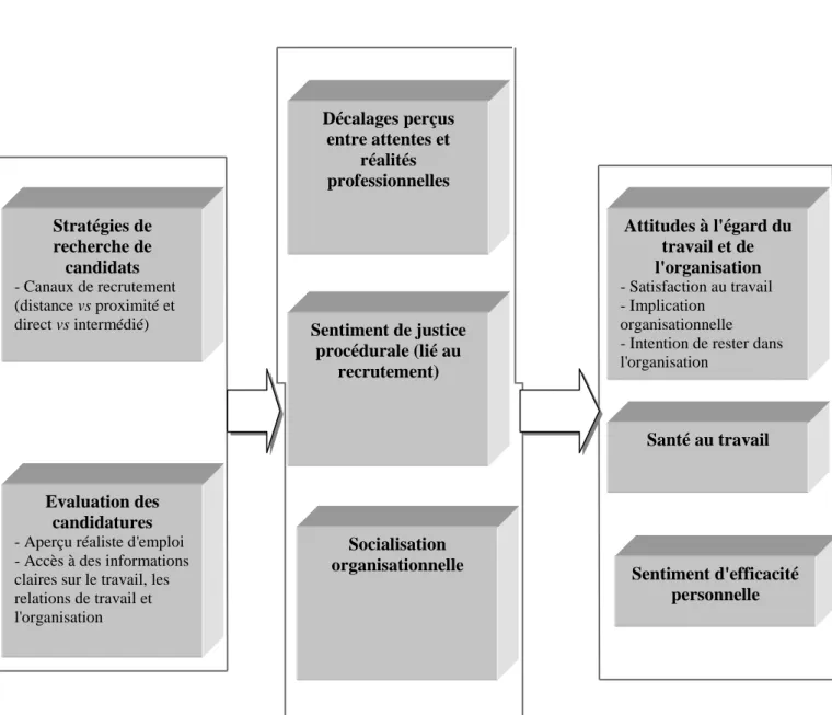 Figure 6 : Modélisation des pratiques de recrutement socialisantes et de leurs conséquences  directes et indirectes sur le processus d'entrée dans l'organisation 