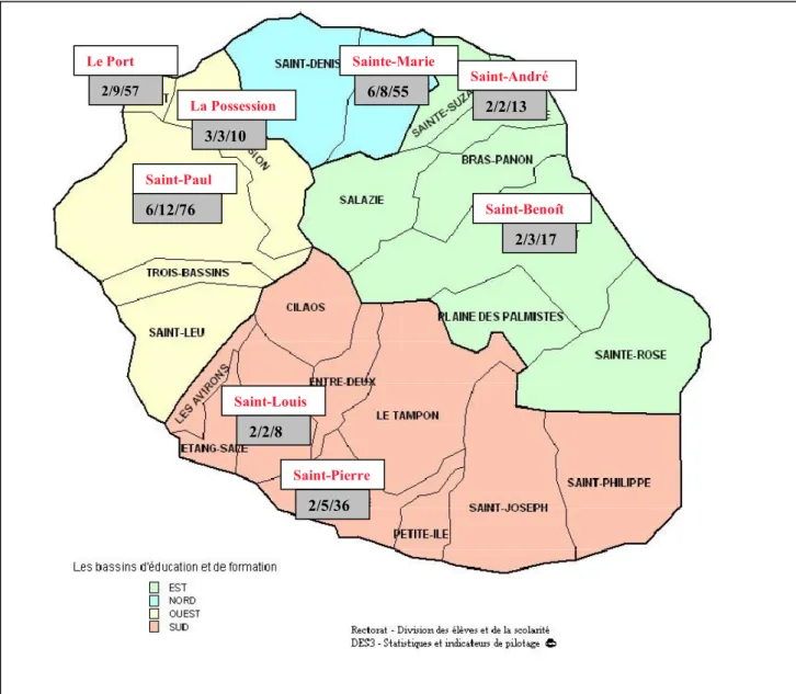 Figure 1 : Répartition géographique de l’échantillon de parents selon les bassins d’éducation et de formation et les communes   avec dans l’ordre le nombre d’écoles, de classes et de parents 