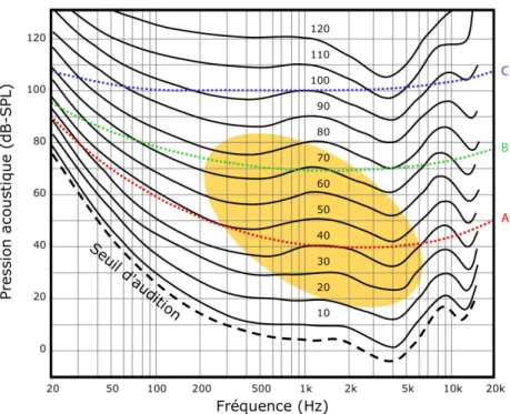 Figure 3  : Fréquences sonores (en Hertz) perçues par l’oreille humaine en fonction  de  l’intensité  (en  dB-SPL)