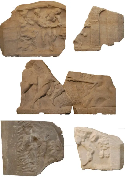 Fig. 6. Reliefs des vomitoires de l’amphithéâtre de Capoue mettant en scène la geste  herculéenne (photographies : M