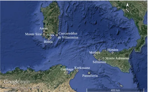 Fig. 1 : Les établissements étudiés dans le texte. Carte élaborée par B. D’Andrea  (Google Earth © Image Landsat).