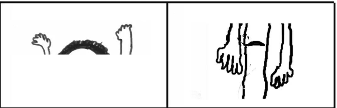 Figure 1 : Détails des dessins des mains réalisés à gauche avec les outils habituels et à droite avec les  outils de création numériques 