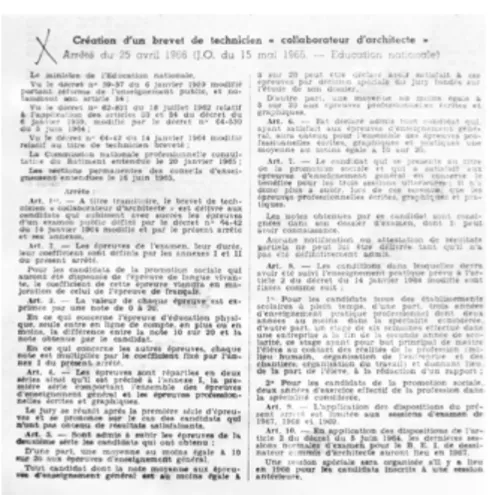 Fig. 2 : Arrêté du 25 avril 1966 du ministère de l’Éducation nationale créant un brevet de technicien « collaborateur d’architecte ».