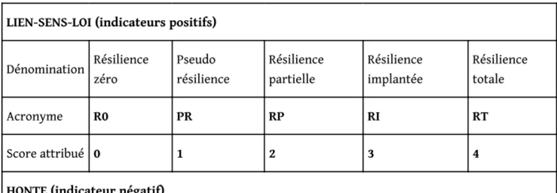 Tableau 1 : Scores liés aux degrés de résilience attribuables à partir de l’étude des discours  LIEN-SENS-LOI (indicateurs positifs)