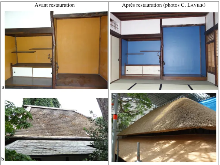 Figure 7 : a : tokonoma 5  et tokowaki 6  du pavillon Ouest ; b : toiture du pavillon Ouest.