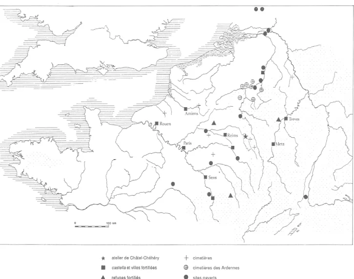 Fig.  11  —  Carte  de  répartition  des  décors  de  la  phase 3.  Les castella  du limes  rhénan n'ont pas  livré de  décors de  la  phase 3