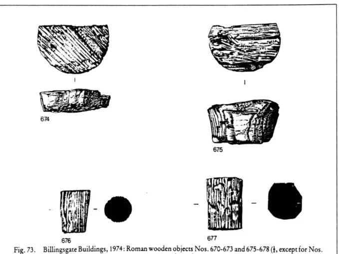 Fig  73.  Billingsgate Buildings, 1974: Roman wooden objects Nos. 670-673 and 675-678 (è, except for Nos