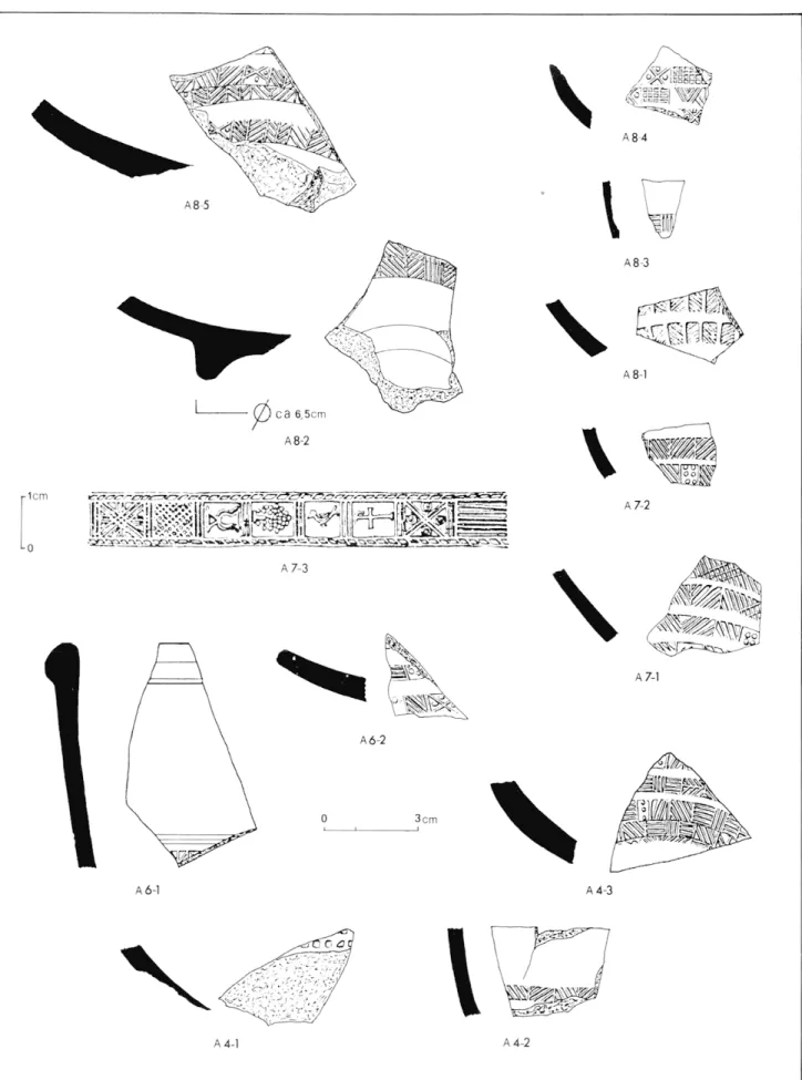 Fig.  13 — Site  de  Derlon. Terre  sigillée décorée à  la molette  provenant de la  coupe A