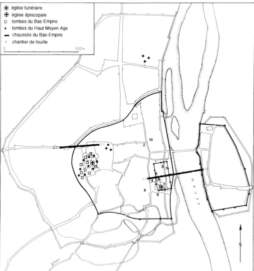 Fig.  1  — Carte  de répartition des  chantiers  de fouille (1924-1988).  1. Stokstraat (nos  1,  3);  2