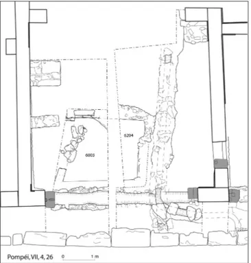 Fig. 1 – Plan de la boutique VII, 4, 26 avec la localisation des US  6003 et 6204 (CJB, Ayuntamiento de Valencia, IVCR).