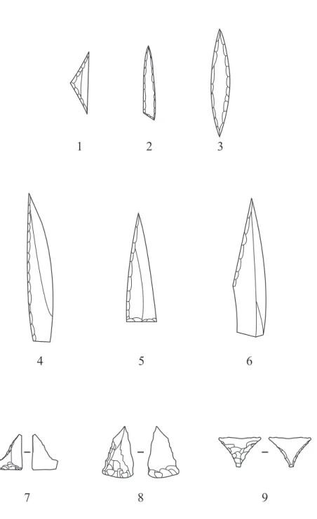 fig. 1 : Principaux types d’armatures présents dans le Mésolithique du Quercy. 1 : triangle isocèle ; 2 : triangle de Montclus ou  pièce apparentée ; 3 : pointe de Sauveterre bipointe ; 4 : pointe à dos rectiligne ; 5 : pointe à dos (rectiligne ou légèreme